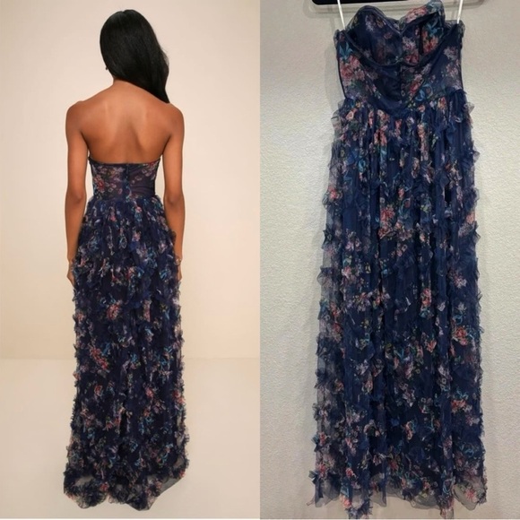 Sz L - NWT Lulus Stunning Element‎ Navy Floral Mesh Ruffled Strapless Maxi Dress - Picture 7 of 8